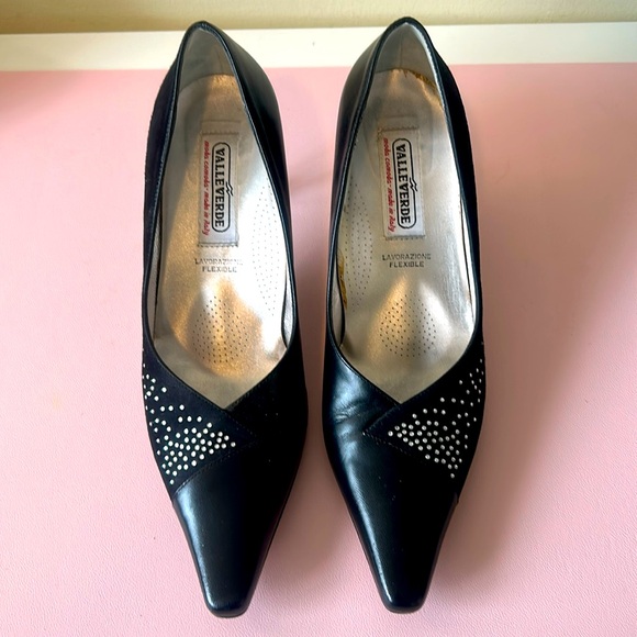 Black Italian Leather & Suede 3” Pumps - Picture 2 of 10